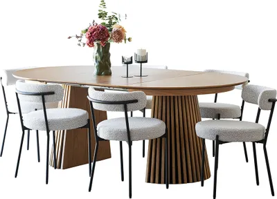 Immagine prodotto di Set sala da pranzo Tokyo: tavolo incl. 2 allunghe Ø120x120-160-200 cm impiallacciato rovere e 6 sedie in bouclé bianco.