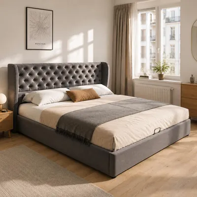 Immagine prodotto di letto imbottito okwish 180x200 cm, letto matrimoniale, letto funzionale idraulico con rete,testiera alta,tessuto non tessuto antivegetativo nero (grigio), Immagine generata dall'IA