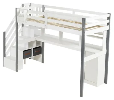 Zdjęcie produktu dla Łóżko młodzieżowe – łóżko półwysokie – 90 x 200 cm – wykonane z drewna i płyty MDF – biurko – miejsce do przechowywania z szafkami, półką i pojemnikami na tkaniny – drabinka po boku – kolor biały/szary