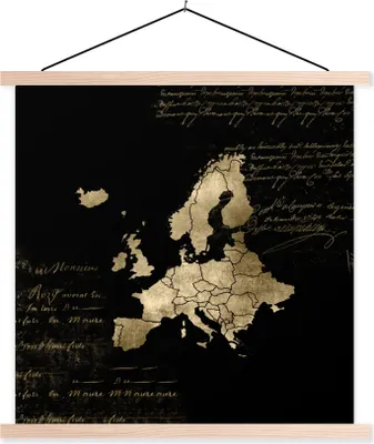 Produktbild von MuchoWow® Textilposter Europa Karte - Gold - Schwarz 120x120 cm mit holzfarbenen Rahmen - Textil-Poster