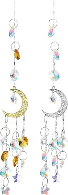 Produktbild von 2 Stück 38 cm Mondkristall Set in Gold und Silber, hängende Ornamenten für Fenster, funkelnde Kristalle als Lichtfänger und Regenbogen Heimdekoration