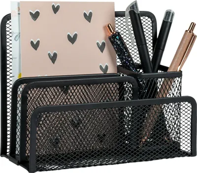 Produktbild von QUVIO Schreibtisch-Organizer - Schreibtischzubehör - Schreibtisch-Organizer - Stiftablage - Stiftehalter - 4 Fächer - Stahl - 8 x 18 x 14 Zentimeter (LxBxH) - Schwarz