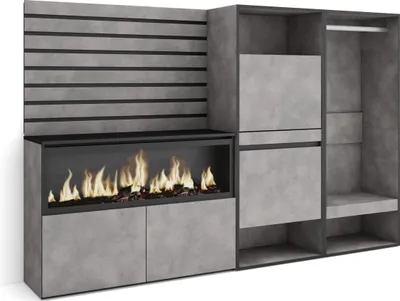 Produktbild von Sideboard, Kommode, 227x35x145 cm, Für Schlafzimmer, Zimmer, Elektrokamin XXL, Schuhschrank, Offener Kleiderschrank, Zementgrau