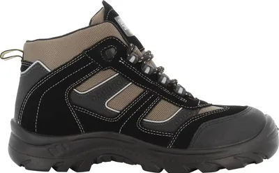 A side view of a black and tan work boot.