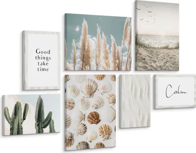 Obrázek produktu pro MURALO OBRÁZKY DO POKOJE PLÁŽ PAMPAS TRÁVNÍK KAKTUS BOHO STYL 110x80 - 3 obrazy 30x40 a 4 obrazy 20x30
