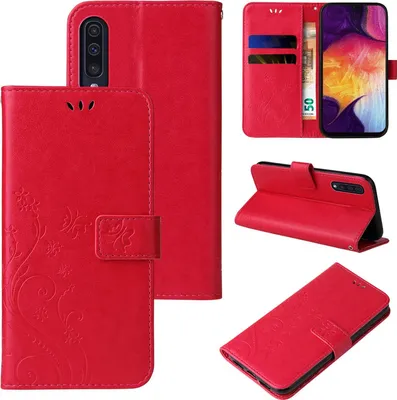 A collage of images showing a red flip phone case with floral patterns, displaying its different angles and features.