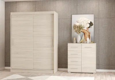 Produktbild von 2er-Set Schwebetürenschrank Schrank Kleiderschrank mit Zierleisten Sonoma/Sonoma 150cm Vista 06 mit Kommode 90cm FRIDA MINI 01