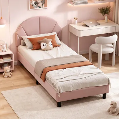 Imagen del producto de Cama tapizada INONEFT de 90x200 cm con cabecero con diseño de flores, cama individual para jóvenes con somier, cama para niños de terciopelo, color rosa