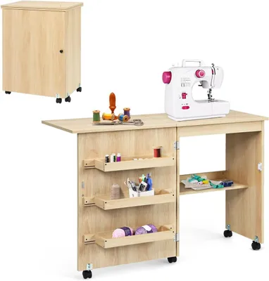 Produktbild von GOPLUS 2 in 1 Nähtisch & Couchtisch & Beistelltisch rollbar faltbar mit 3 Ablagefächern, Platzsparend für kleine Wohnungen Wohnzimmer Nähmaschine