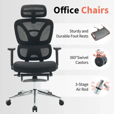 Produktbild von Ergonomischer Bürostuhl - Schreibtischstuhl - Verstellbare Kopfstütze - 3D-Armlehnen - Atmungsaktive Netzlehne - Lendenwirbelstütze - Drehbar höhenverstellbar - Breiter gepolsterter Sitz - Schwarz