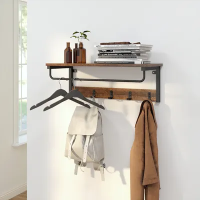 Produktbild von Mondeer Wandregal mit 5 Haken Wandgarderobe mit Hängestange Flurgarderobe Kleiderhaken Hängeregal Braun