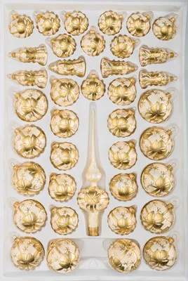 Produktbild von 39 tlg. Glas-Weihnachtskugeln Set in "Ice Champagner Goldene Schleife"