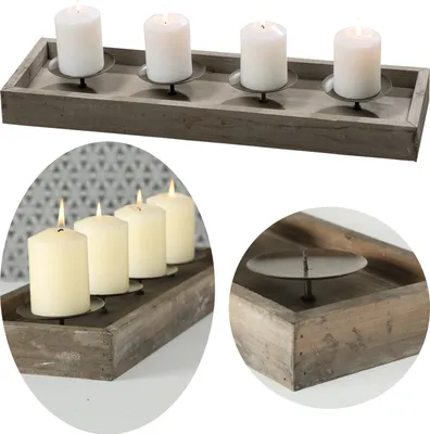 Produktbild von LS-LebenStil Kerzenschale Holz 53cm Braun Stumpenkerze Kerzenständer Kerzenleiste Kerzenhalter Adventskranz 4-fach Kerzenteller Advent mit Dorn
