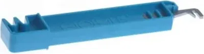 A blue wire bending tool with a silver metal blade, isolated on a white background.