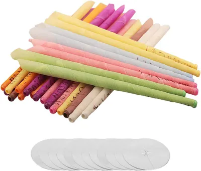 Produktbild von Ohrkerzen, 100% Natürliches Bienenwachs Ungiftige Kerzenkegel Ohrentherapie mit 8 Organisches Pflanzenmaterial Duftstoff 24 Stück Rauchlose Kerzen