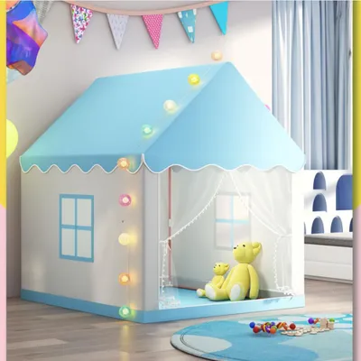 Obrázek produktu pro Dětský stan pro holčičky a kluky, herní domeček do interiéru ve tvaru princeznovského zámku bez LED světel, 105 x 120 x 128 cm, modrý