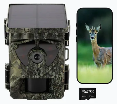 Productafbeelding van Siltcon® Wildcamera met Zonnepaneel Oplaadbaar - Wildcamera met Nachtzicht – 8K Ultra HD & 60MP - Wildcamera Voor Buiten - Nachtzicht - WiFi APP - 128GB SD - Tripod - 5200 mAh batterij - 2025 model