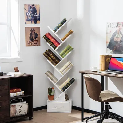 Immagine prodotto di COSTWAY libreria a forma di albero, scaffale da terra a 8 livelli con cassetto, scaffale portaoggetti, scaffale per CD e DVD, per soggiorno, ufficio, bianco