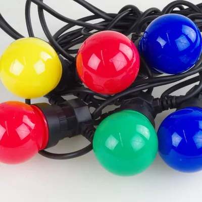 A close-up view of a string of colorful LED party lights.