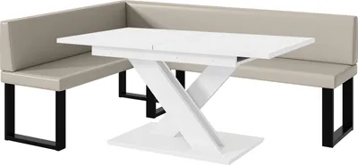Produktbild von MEBLINI Eckbank für Esszimmer mit ausziehbarem Tisch  - Küchenbank - Essecke - Sitzecke Küche - TONI - U-Beine 142x196x87cm Links - Beige Kunstleder/B Weiß Matt