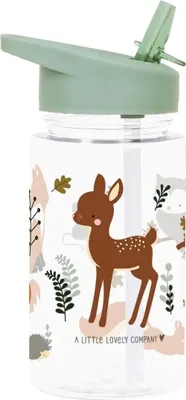 A clear, front-facing shot of a children's water bottle with a woodland creature design.