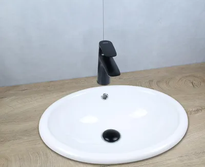 Produktbild von Keramik Waschbecken oval 490x405x195 weiß mit Überlauf Einbauwaschbecken mit Pop-Up Ablauf schwarz-matt