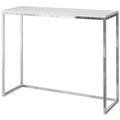 A white console table with a chrome frame against a white background.