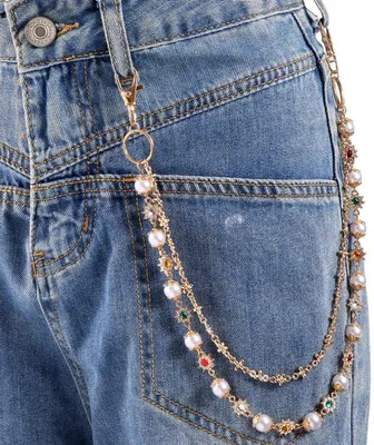 Hosenkette mit goldenen Imitationsperlen - doppellagige Gürtelkette - Strasssteine - Karabinerverschluss - modischer Schmuck