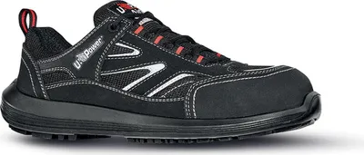 A single black safety shoe with white and red accents, shown from a side-diagonal angle against a white background.