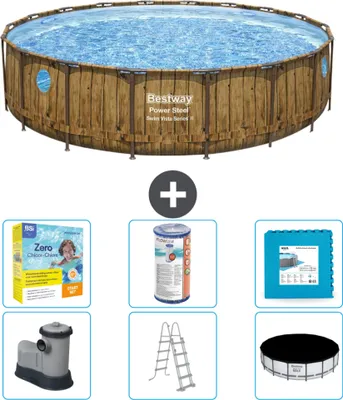 Obrázok produktu pre Bazén Bestway Round Power Steel Swim Vista - drevená potlač - 549 x 122 - vrátane čerpadla - rebríka - krytu - filtra - dlažby