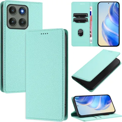 Image de Etui en cuir pour Motorola Edge 60 Pro, Litschi cuir, étui portefeuille avec fentes pour cartes et support Turquoise
