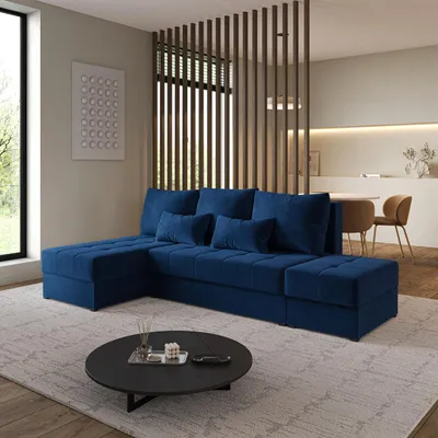 Produktbild von Masseno Ecksofa NORVI mit Schlaffunktion L-Form, Sofa mit Bettkasten, Wohnzimmersofa, Couch, Soffa, Bettsofa, Couchgarnitur- Blau, KRONOS 09
