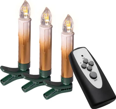 Three LED candles with clips and a remote control are arranged on a white background.