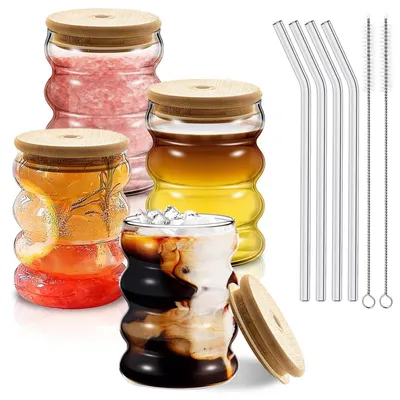 Produktbild von Bubble Gläser Set 4 Stück 350ml mit Deckel & Strohhalm aus Borosilikatglas
