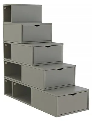Produktbild von Graues Treppenregal 125 cm hoch mit 9 Fächern und 4 Schubladen