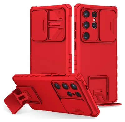 Image de Étui pour Samsung Galaxy S25 Étui de protection militaire double couche avec support et protection coulissante de l'appareil photo rouge