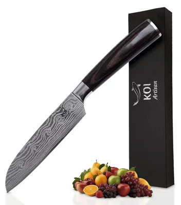 Santoku-Messer 13 cm, japanisch, Kohlenstoffstahl, Damast, Pakkaholzgriff