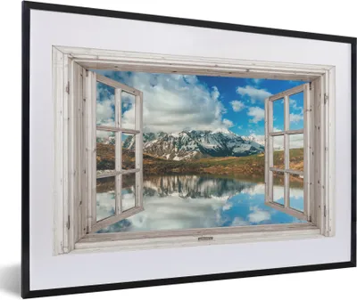 Produktbild von MuchoWow® Gerahmtes Poster Aussicht - Berg - Wasser 60x40 cm - Poster mit Schwarzem Bilderrahmen Wandposter Rahmen Foto Bilder - Schlafzimmer - Plakat in Rahmen - Drucken