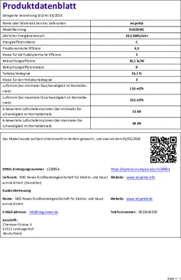 This is a product data sheet or energy label for a kitchen appliance.