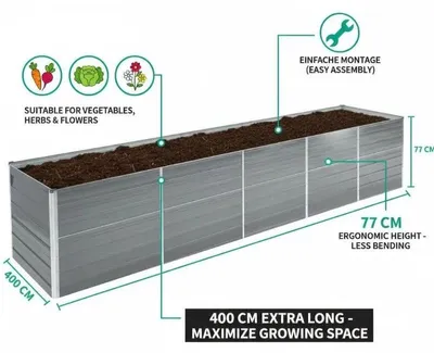 Obrázok produktu pre Zvýšený záhon – 400 x 80 x 77 cm – pozinkovaná oceľ – otvorené dno – sivá farba
