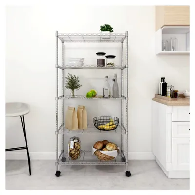 Produktbild von Lagerregal mit 5 Regalböden und Rollen 75x35x155 cm aus Chrom, 250 kg