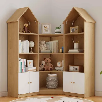 Immagine prodotto di Scaffale a forma di casetta, scaffale angolare per la cameretta dei bambini con 4 ripiani e ante, dimensioni 104 x 25 x 148 cm, colore bianco e naturale