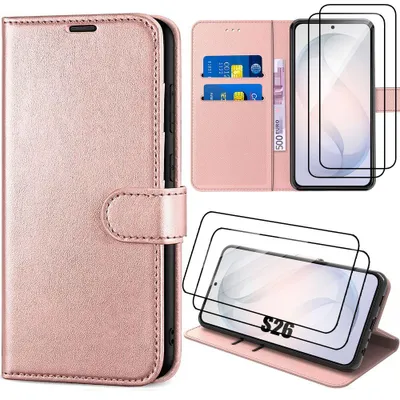 Image de Coque + 2 Verres Trempés pour Samsung Galaxy S26, Protection Flip Case Anti-Rayures Antichoc Synthécuir - Rose