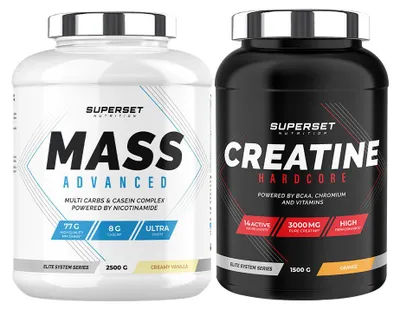 Zdjęcie produktu dla Advanced Weight Gain Programme - Mass Advanced 2,5kg Creamy Vanilla - Hardcore Creatine 1,5kg Orange
