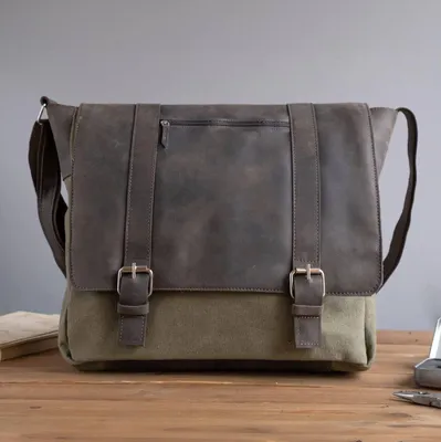 Produktbild von Belveder Umhängetasche Studententasche Braun-Grün aus Leder und Canvas, große Vintage geräumige für Uni, Alltag und Reise, BC61BRZ