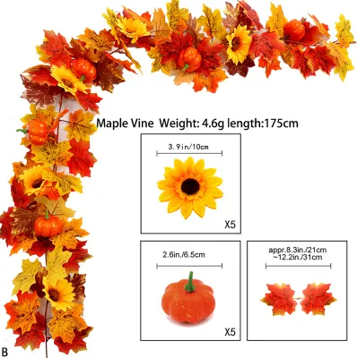 Produktbild von 175CM Künstliche Ahornblatt-Blumengirlande für Haus, Garten, Innen- und Außenbereich, Wandbehang aus Kunstefeu, Halloween, Erntedankfest, Dekoration