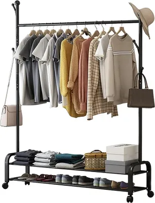 Imagen del producto de Perchero estable, soporte para abrigos con ruedas, perchero de pie de metal con ganchos, barra para ropa portátil, perchero móvil con estante, 150x173 cm (Color: )