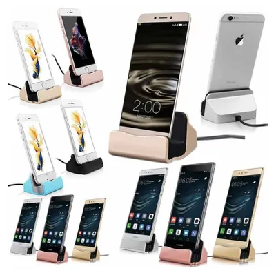 A collage of various smartphone docking stations in different colors, some with phones docked.