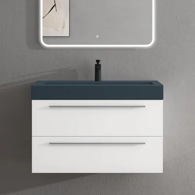 Produktbild von doporro Badmöbel-Set Waschbeckenunterschrank mit Soft-Close in Matt Weiß 90x48x60cm Quadratto Waschplatz komplett Set inkl. Mineralguss-Waschbecken in matt Anthrazit