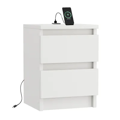 Produktbild von Nachtschrank Schmal – Weiß Matt Nachttisch mit 2 Schubladen – Kompakte Nachtkonsole mit USB & USB-C, 30 cm